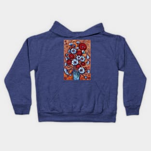 Cute Abstract Flowers in a Blue and White Vase Still Life Painting Kids Hoodie